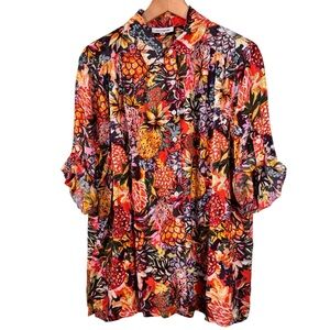 Serengeti Pineapple Floral Print Hawaiian Shirt Size 1X Button Up Multicolor